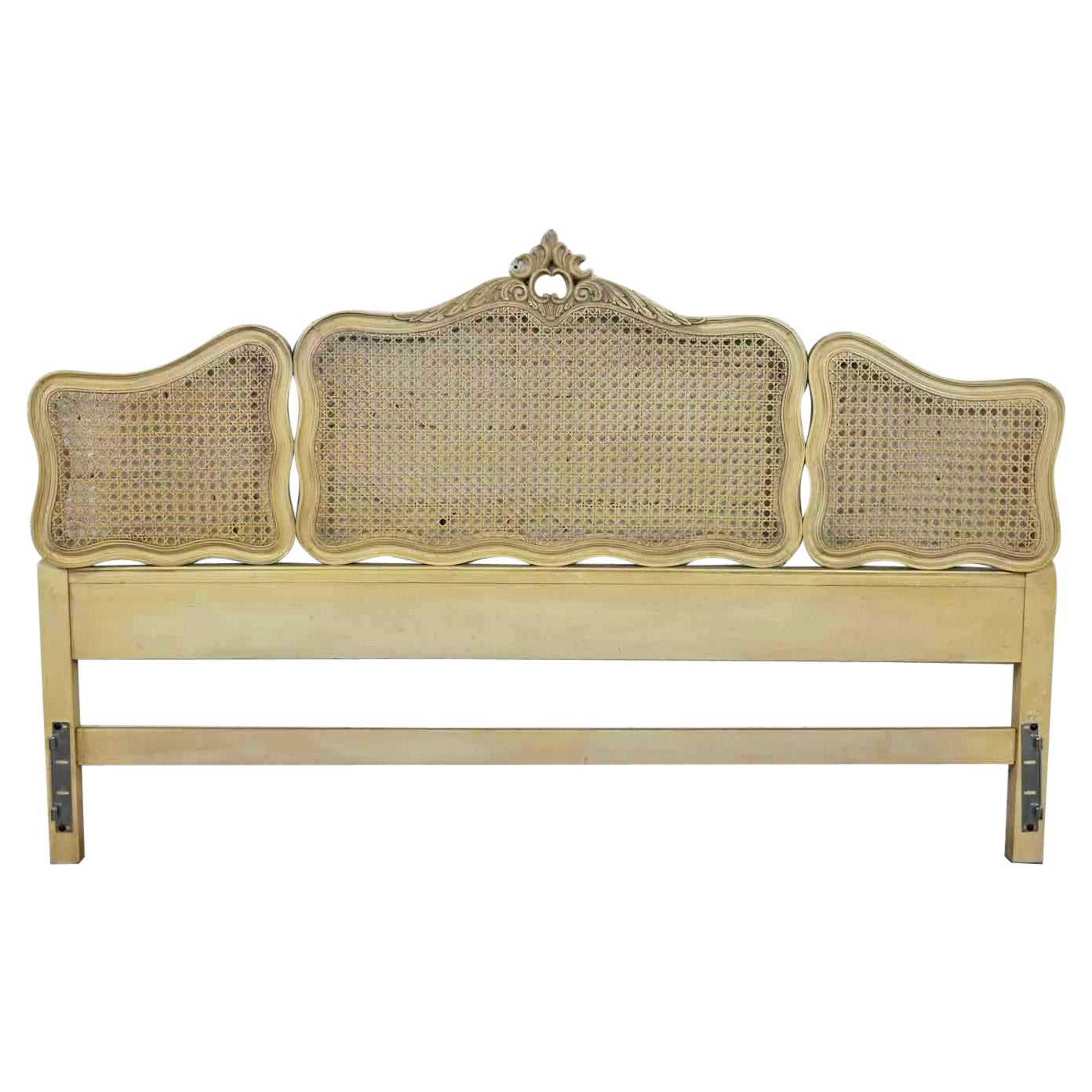 Prince Howard French Provincial Hollywood Regency Ant. White Cane King Headboard