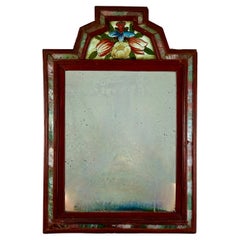 18th C. Reverse Painted Marbleized Glass & Wood Floral Crest Courting Mirror