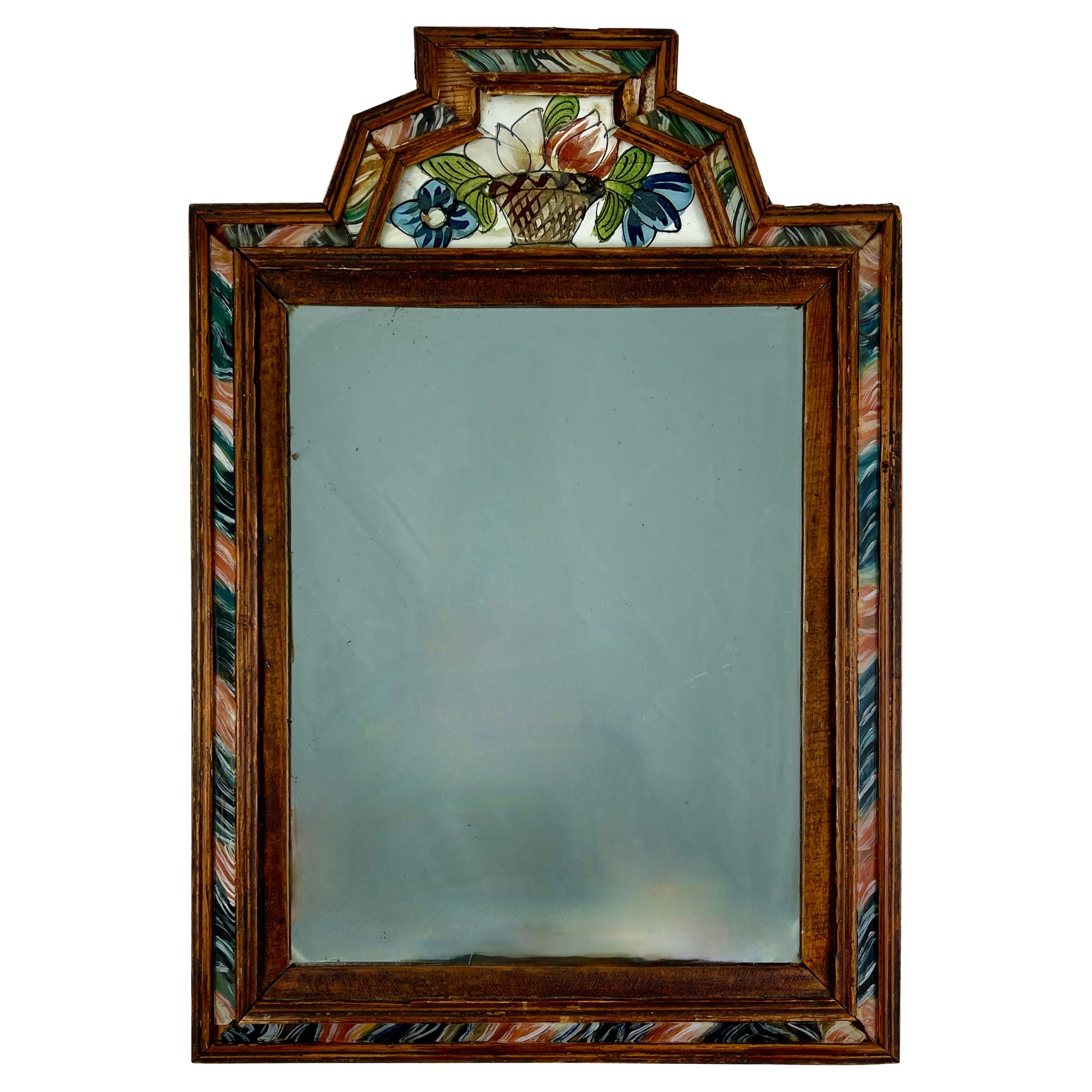 Reverse Painted Marbleized Glass & Wood Floral Basket Crest Courting Mirror