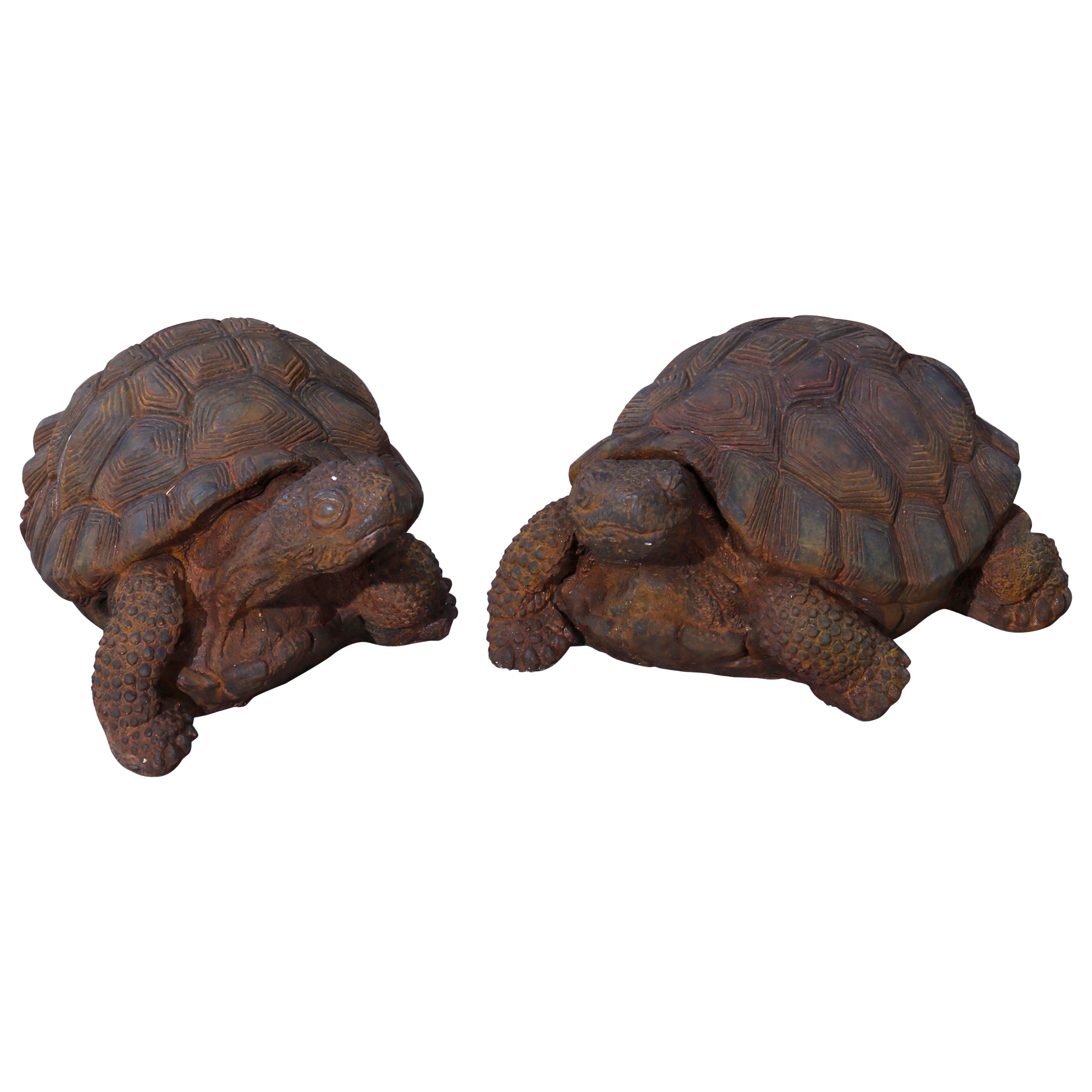 Pair Life Size Cast Hard Stone Tortoise Garden Statues in Bronzed Finish, 20th C