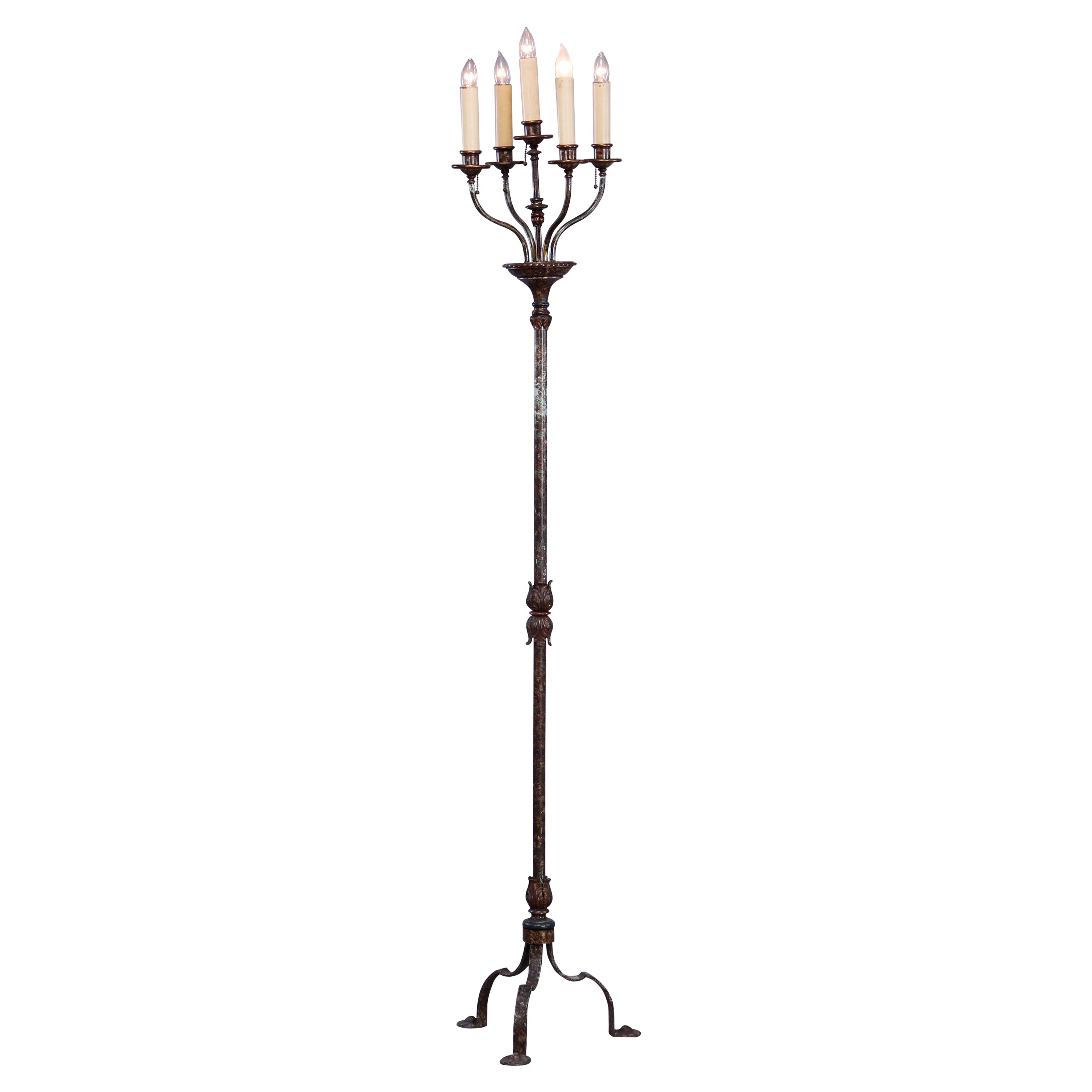 Antique Bronze & Wrought Iron Five-Light Candelabra Floor Lamp, c1920