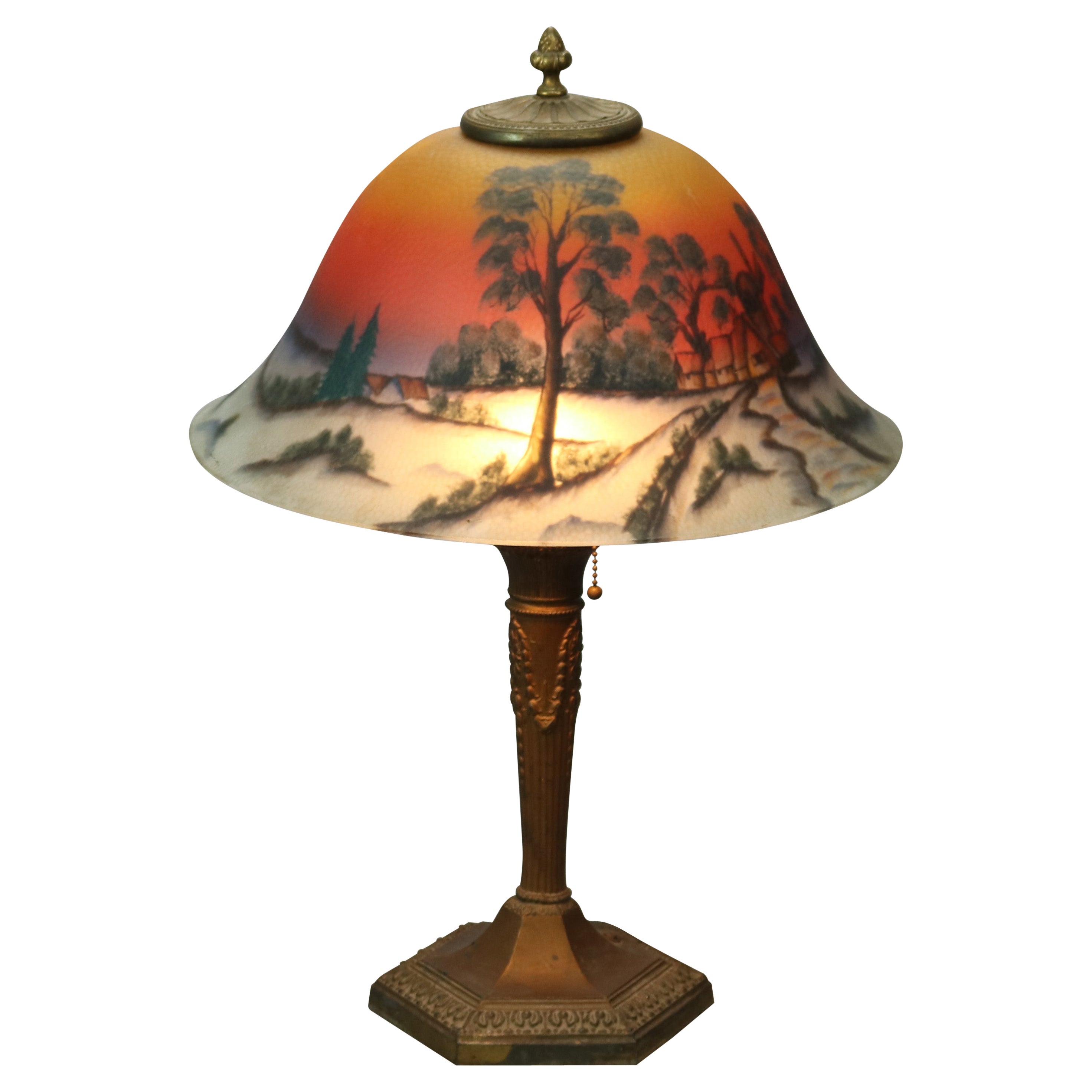 Antique Arts & Crafts Phoenix Reverse Painted Lamp, Landscape, c1920