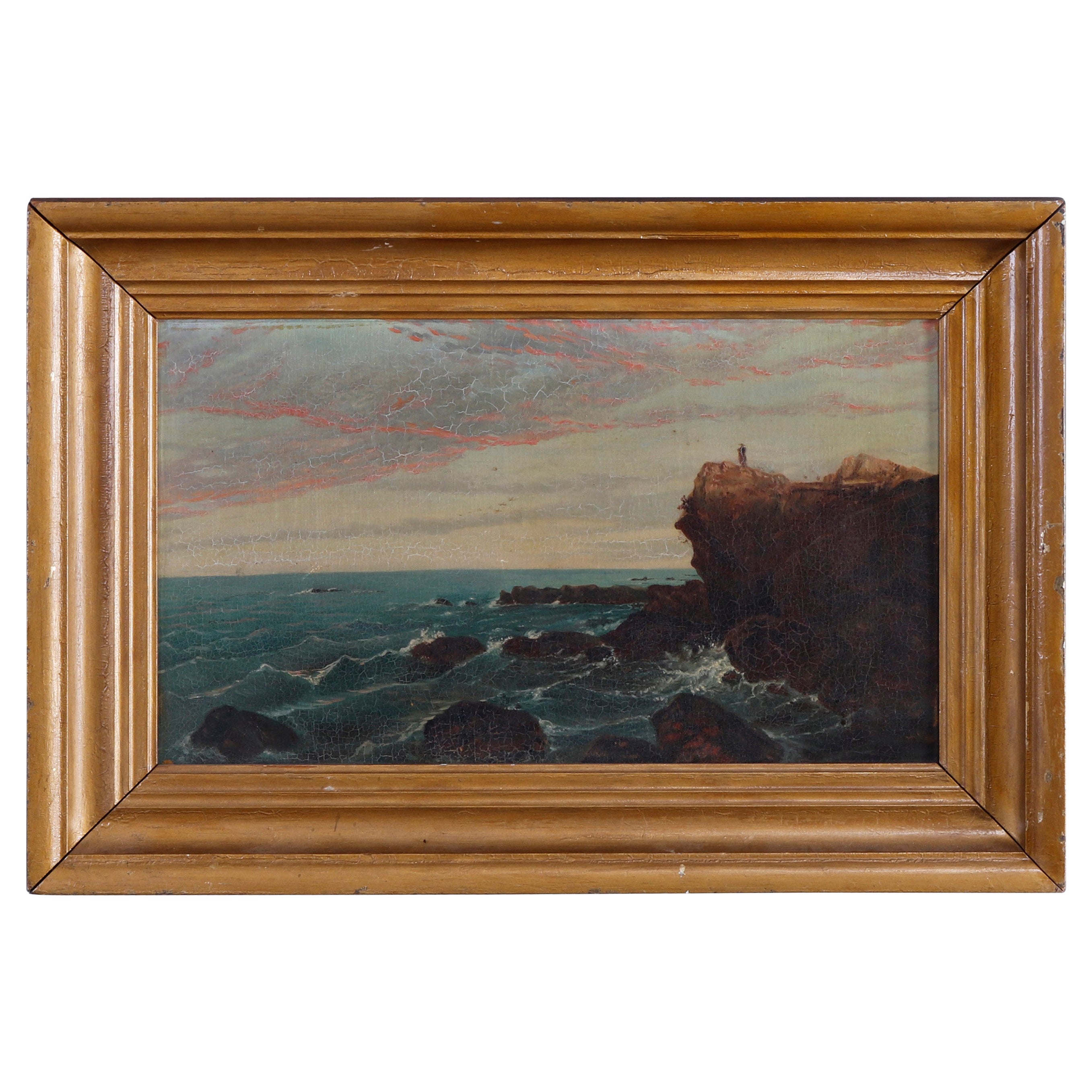 Antique Oil on Canvas Painting of Coastal Cliffside Seascape with Figure, c1840