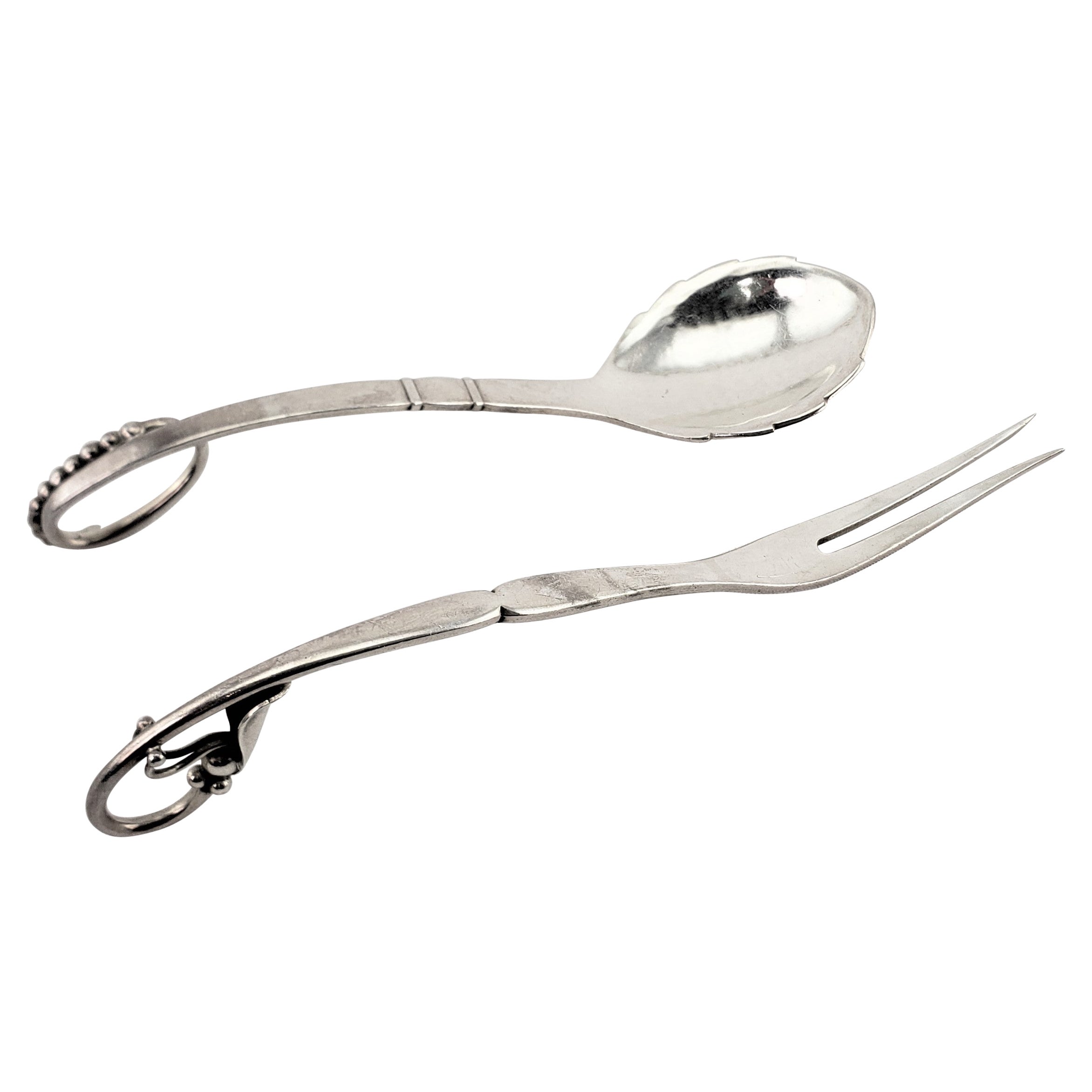 Georg Jensen Tenedor de cóctel o escabeche y cuchara de condimento en flor de plata de ley