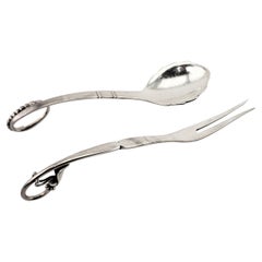 Georg Jensen Sterling Silver Blossom Cocktail or Pickle Fork & Condiment Spoon