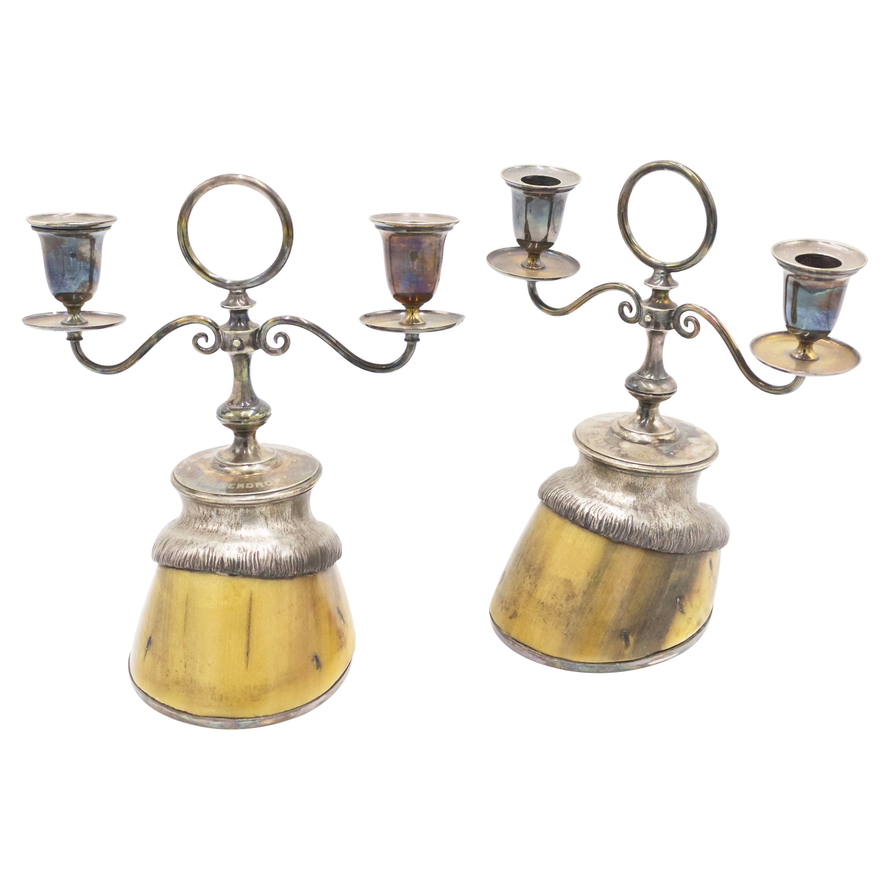 Pair of English Victorian Silver Plate and Horse Hoof Candelabras For Sale