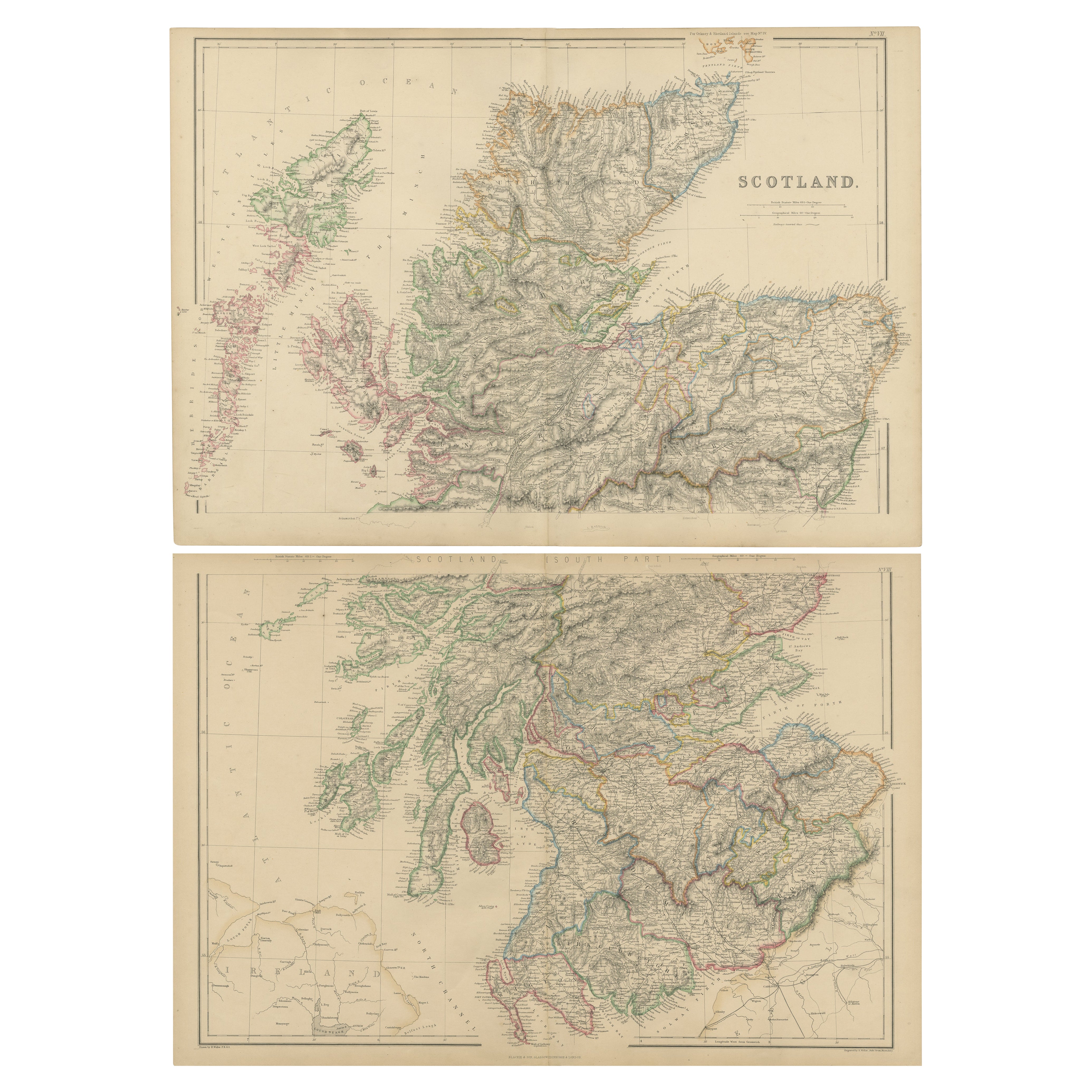 Set of 2 Antique Maps of Scotland by W. G. Blackie, 1859