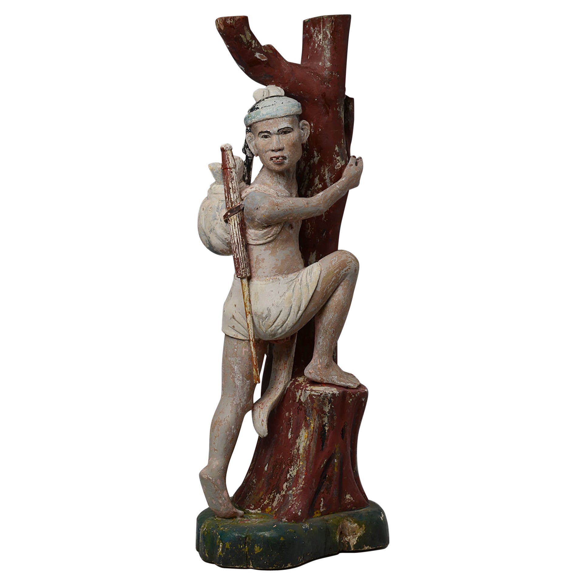Late 19th Century, Late Mandalay, Antique Burmese Wooden Figure Climbing Tree For Sale
