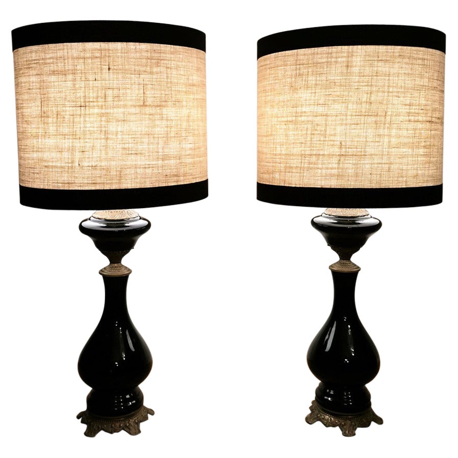 Pair of Black Opaline Glass Oil Lamps with Lampshade and Brass Decoration France For Sale