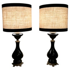 Used Pair of Black Opaline Glass Oil Lamps with Lampshade and Brass Decoration France