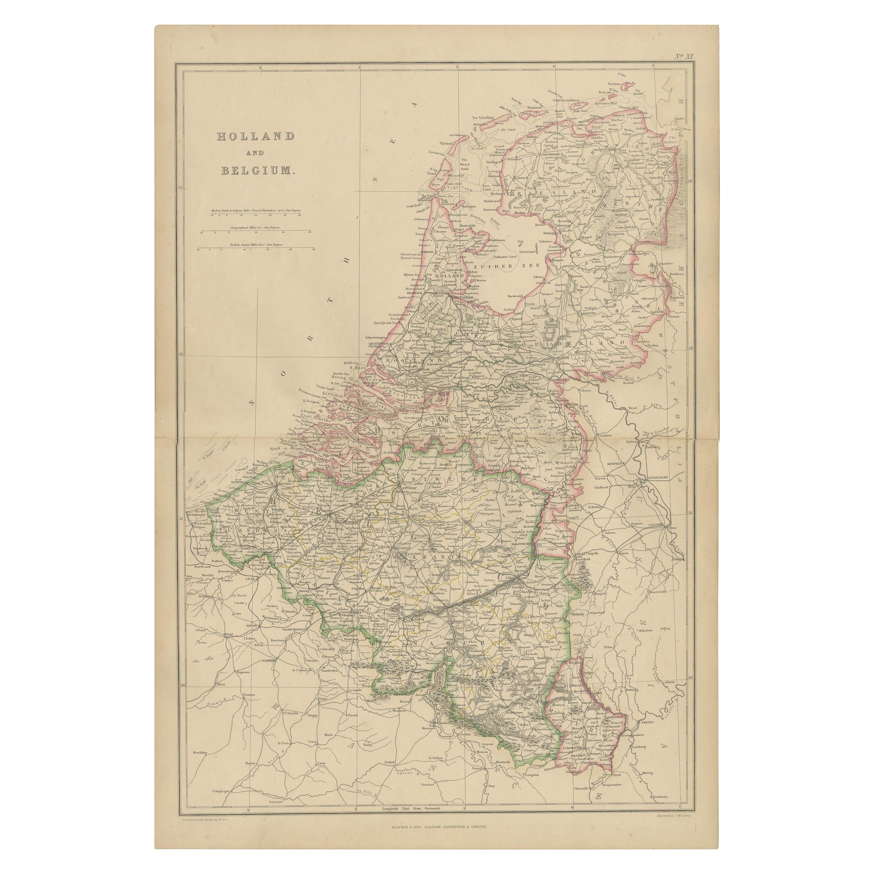 1859 Vintage Map of Holland and Belgium: Blackie's Imperial Geographic Insight For Sale