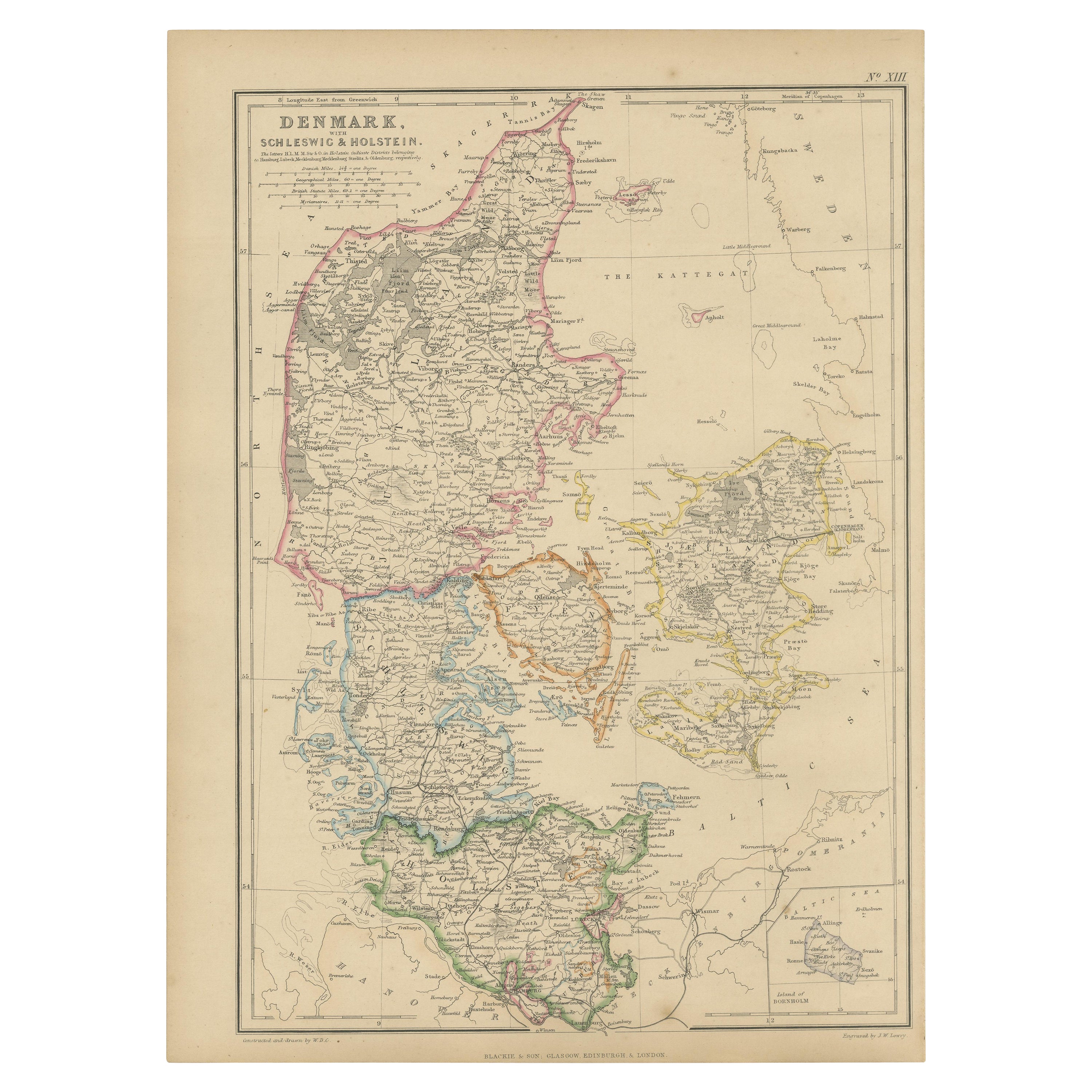 1859 Denmark and Schleswig-Holstein Map: A Historical View from Blackie's Atlas For Sale