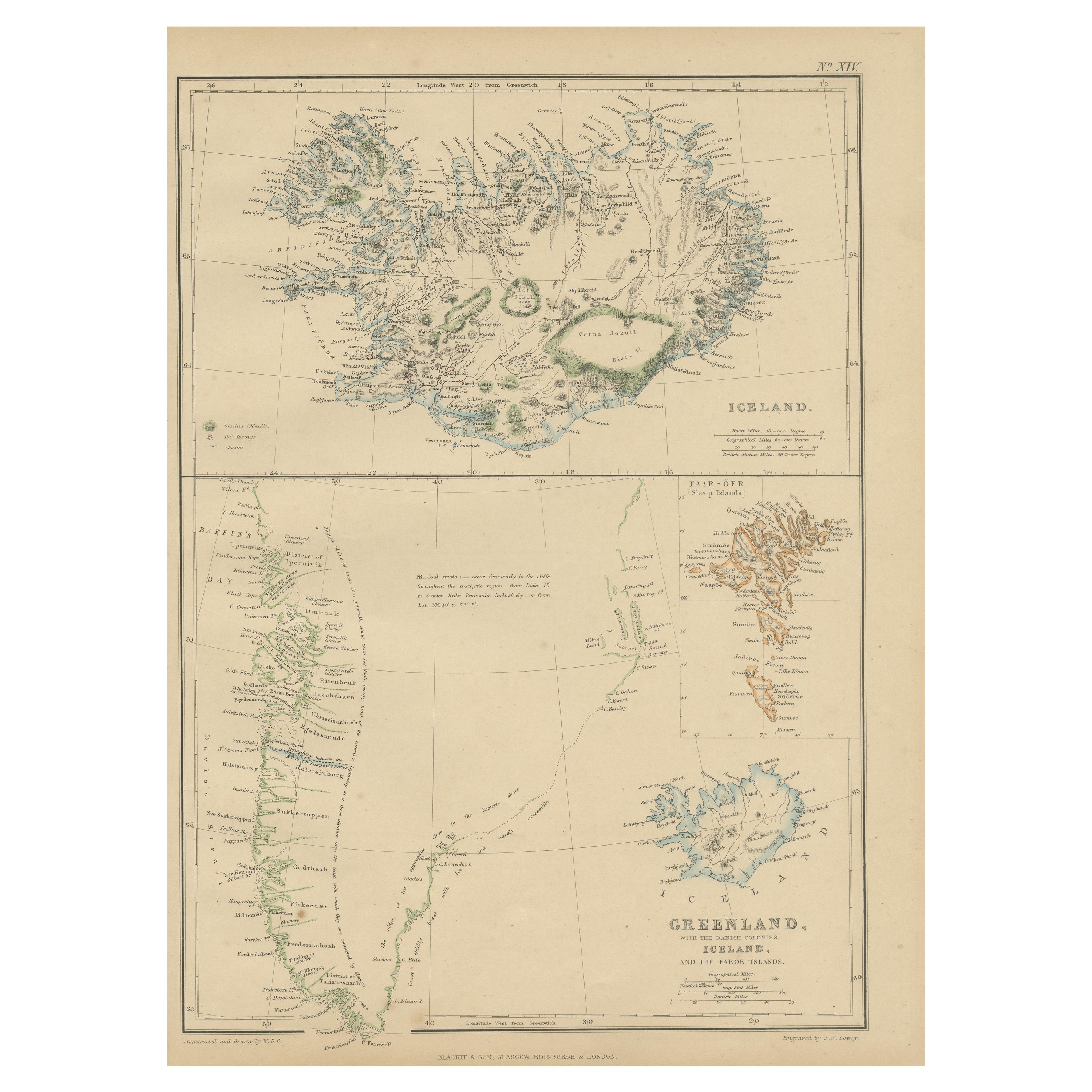 1859 Antique Arctic Vista: Greenland, Iceland and Faroe Islands, Blackie's Atlas