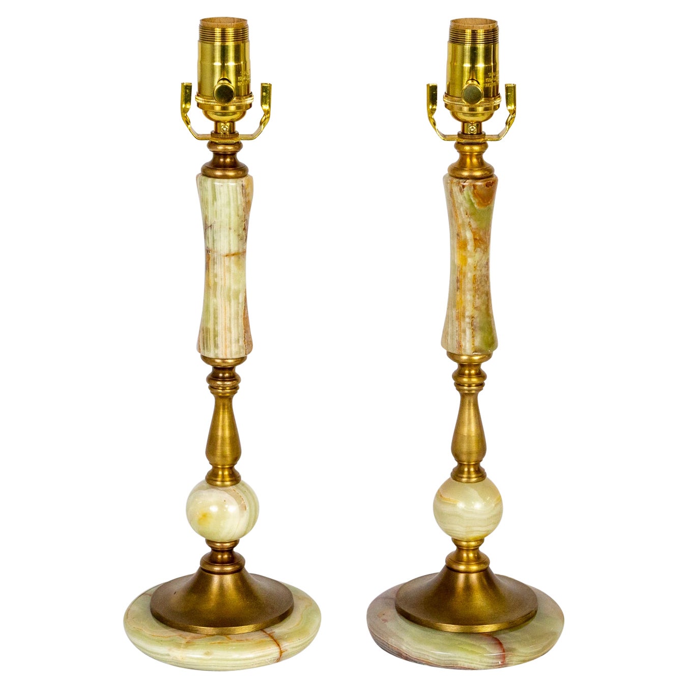 1940s Multi Green Onyx & Brass Table Lamps 'Pair' For Sale