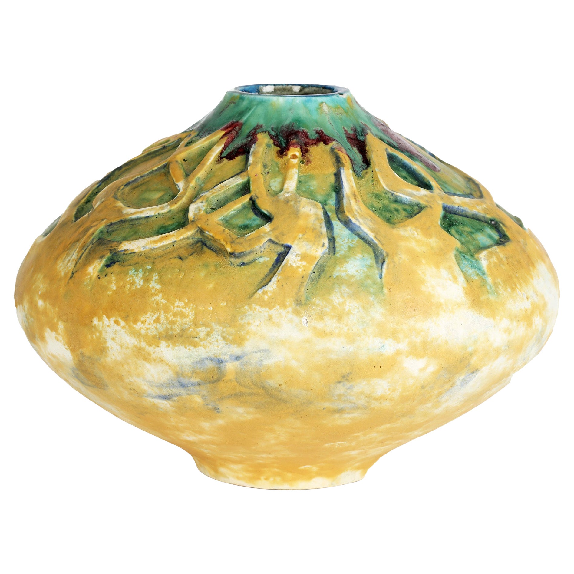 German Jugendstil Stylized Tree Design Art Pottery Vase For Sale