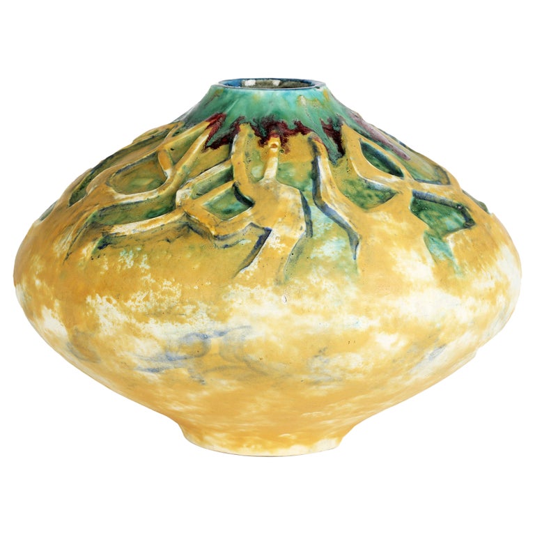 German Jugendstil Stylized Tree Design Art Pottery Vase For Sale at 1stDibs