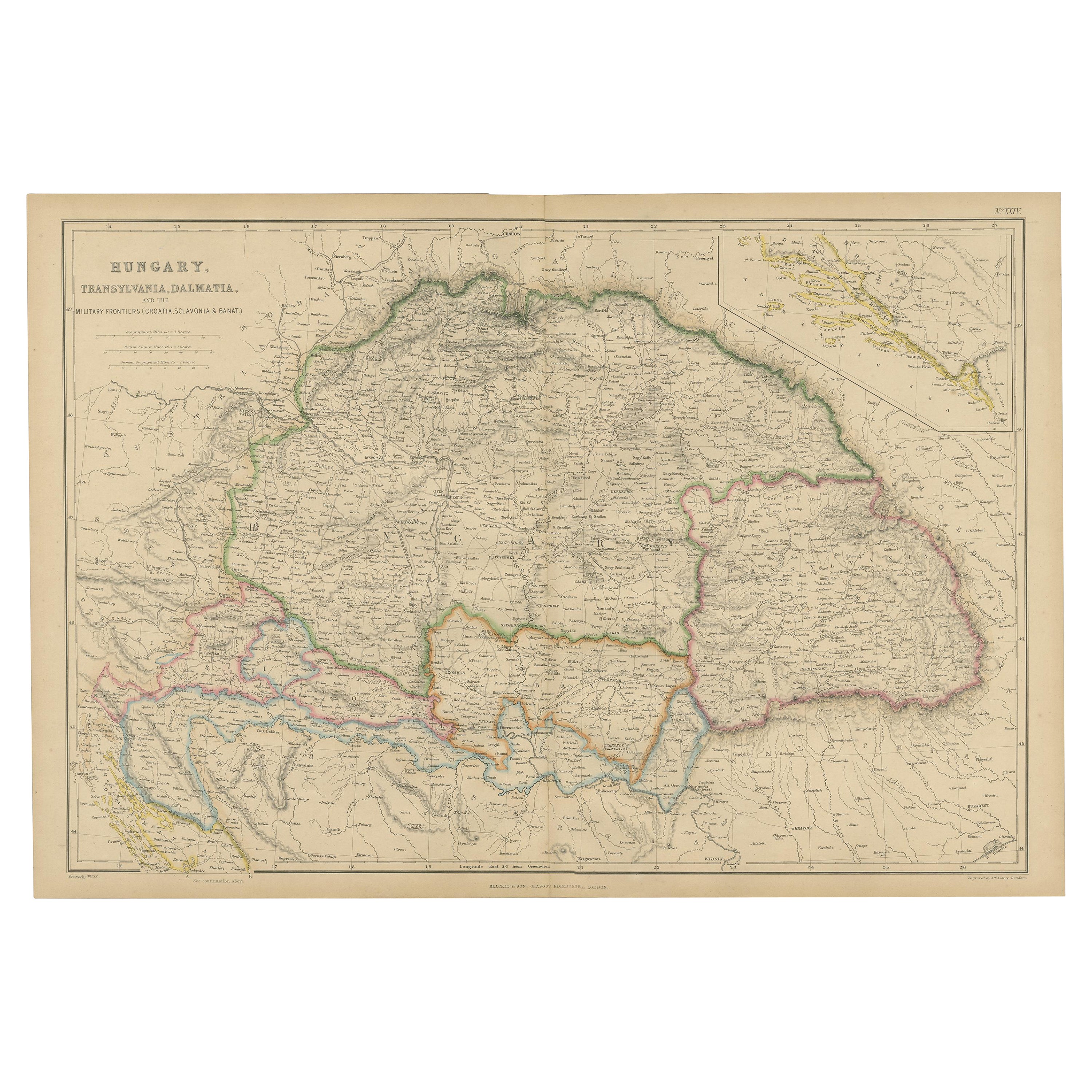 Antique Map of Hungary, Transylvania and Dalmatia by W. G. Blackie, 1859 For Sale