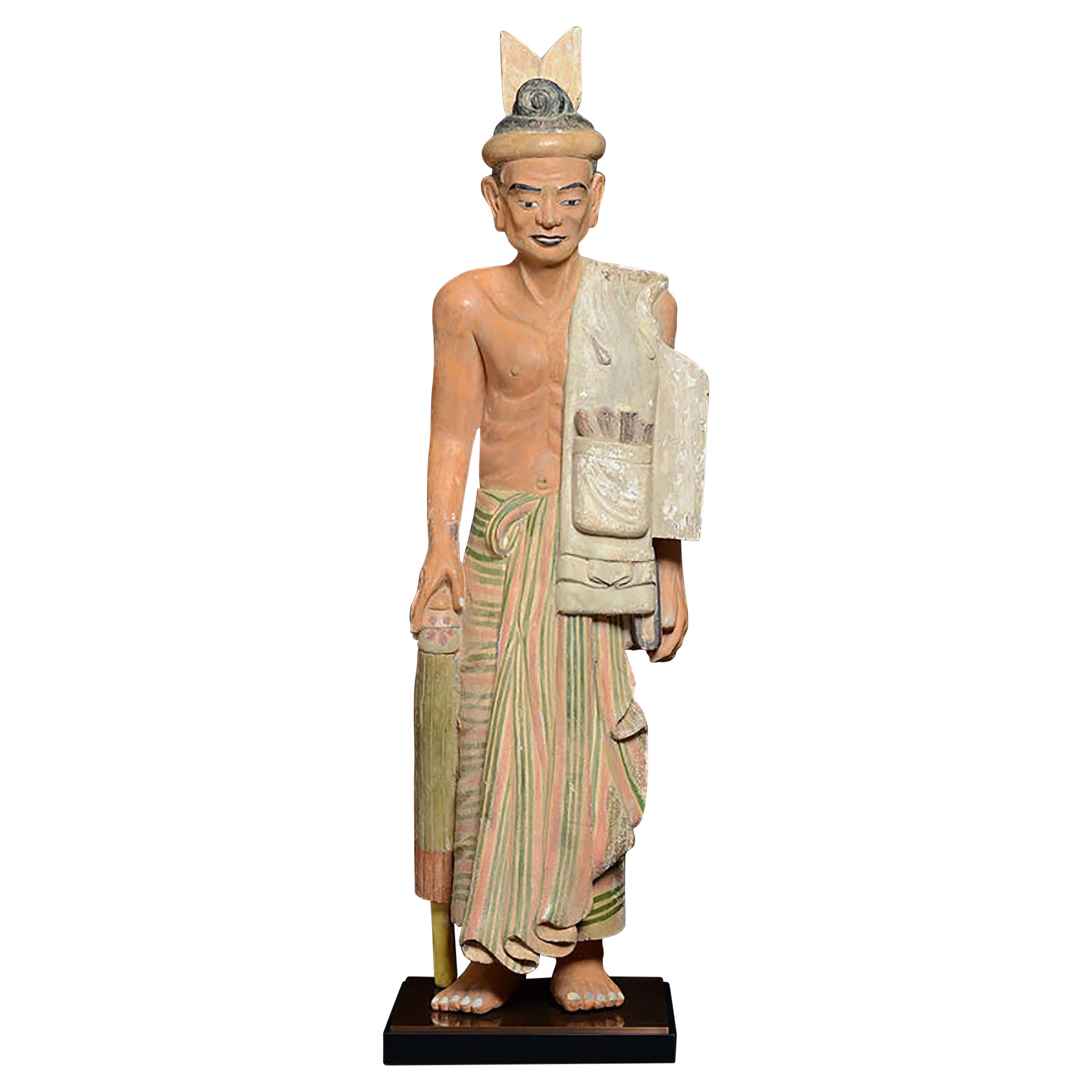 Antiker birmanischer Holzständer mit altem Mann, Anfang des 20. Jahrhunderts
