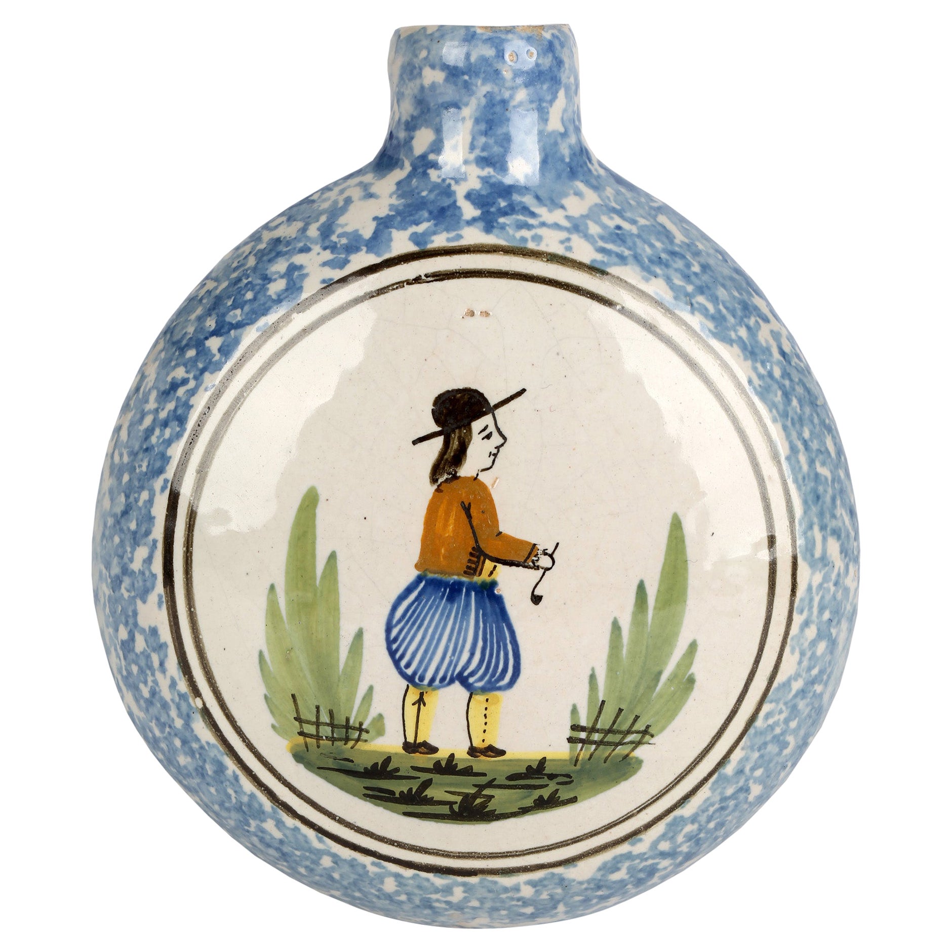 Quimper French Hand Painted Faience Pottery Flask For Sale