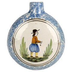 Antique Quimper French Hand Painted Faience Pottery Flask