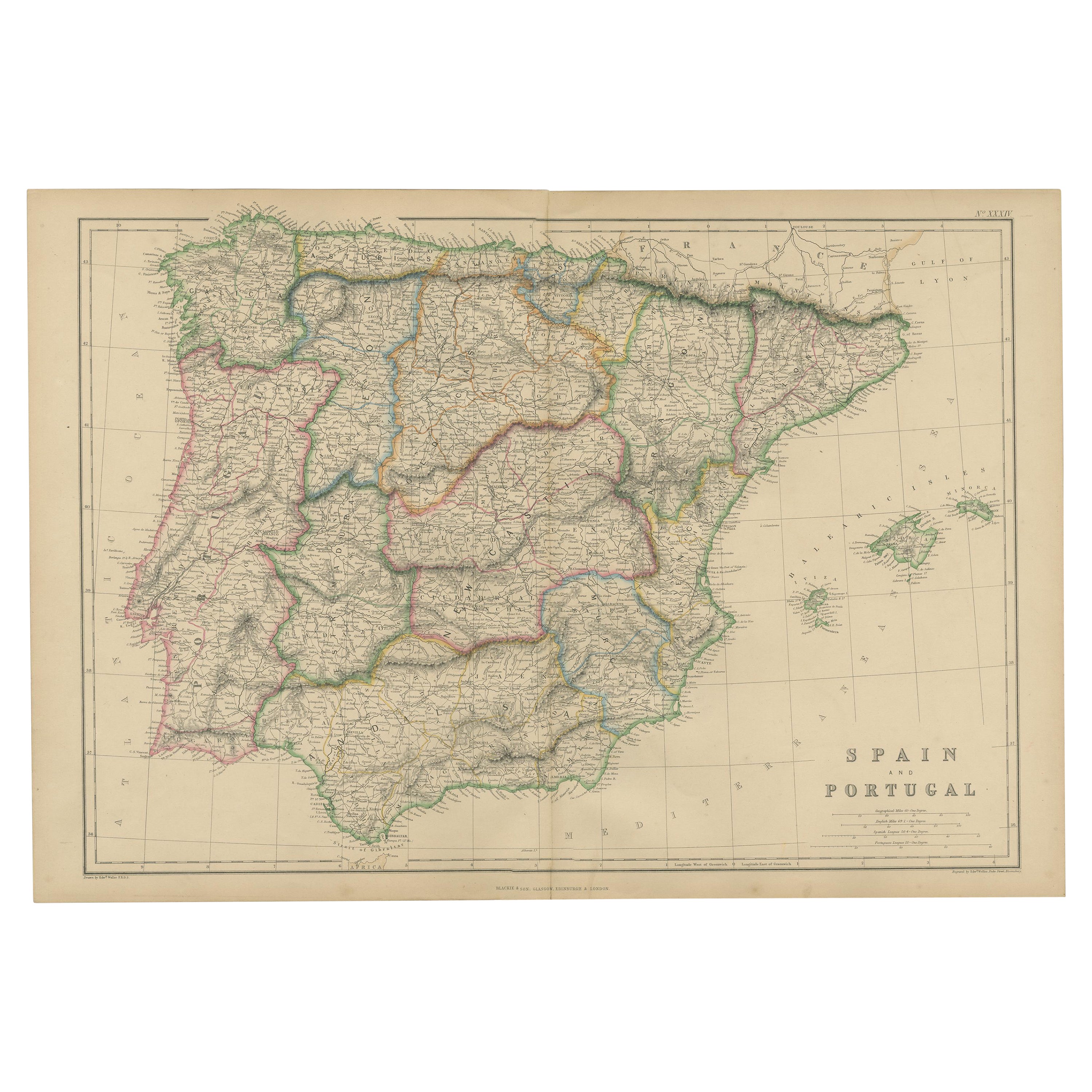 Vintage Geographic Splendor: 1859 Spain and Portugal  For Sale