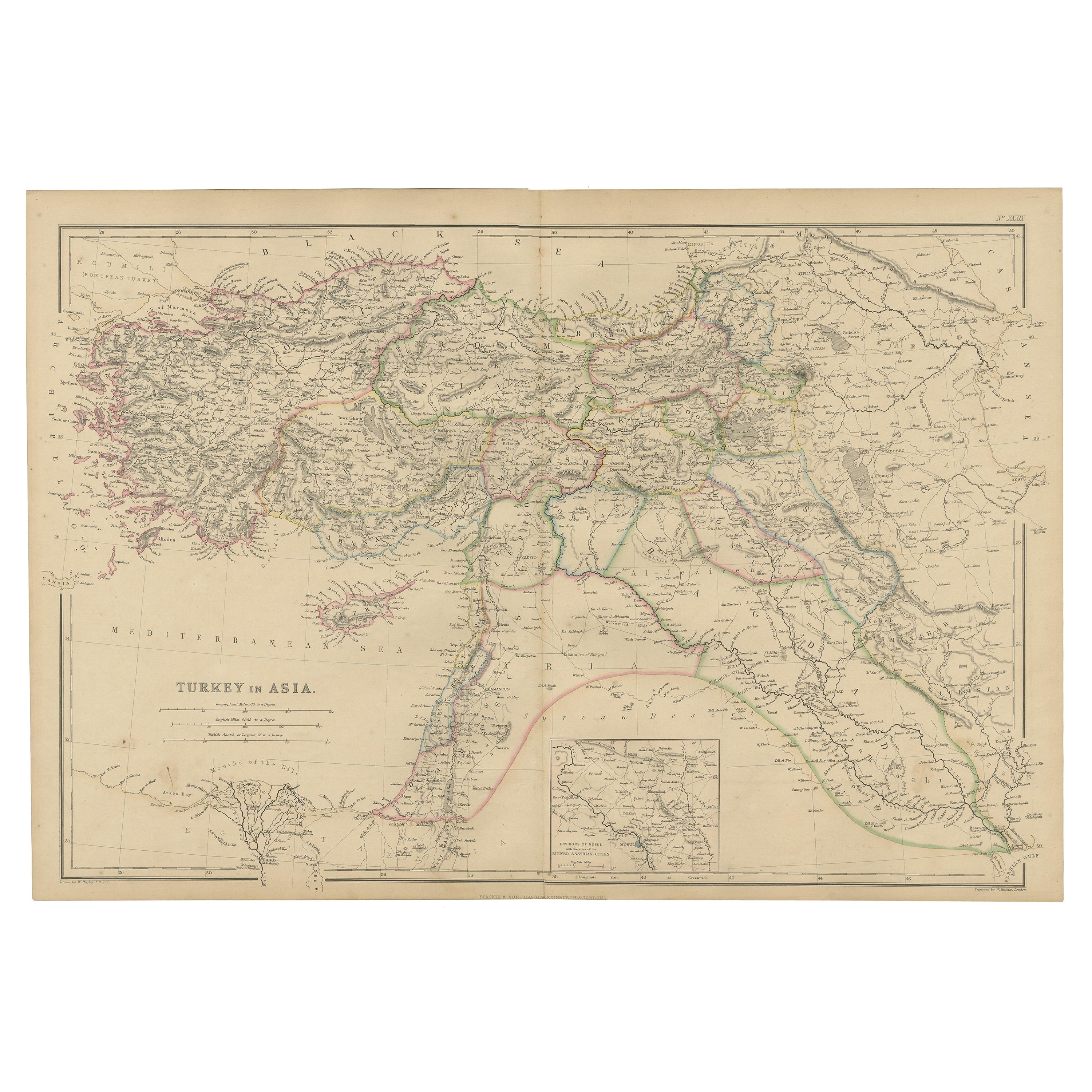 Ancienne carte de la Turquie en Asie avec vitrines en forme de moules et ruines asymétriques insérées, 1859