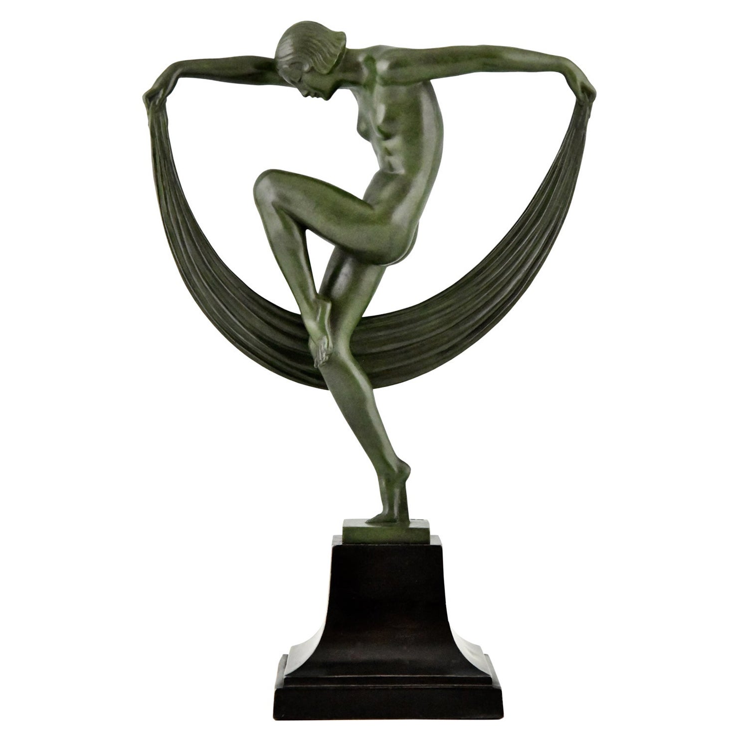 Art Deco Sculpture Nude Scarf Dancer Folie Denis for Max Le Verrier France, 1930