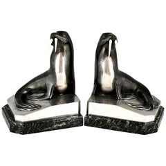 Art Deco Silvered Bronze Walrus Bookends by G.H. Laurent France, 1925