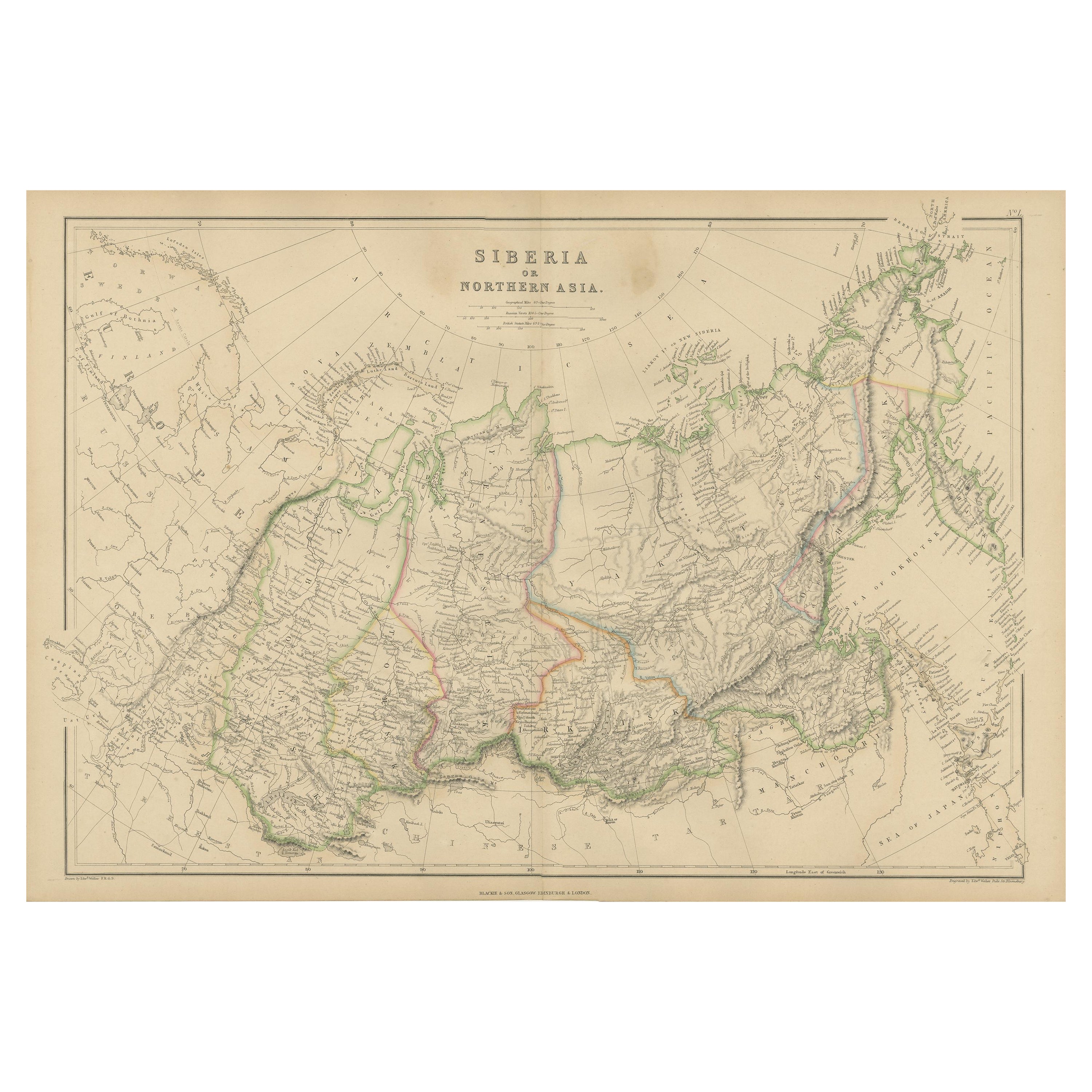 Antique Map of Siberia, Russia, 1859 For Sale