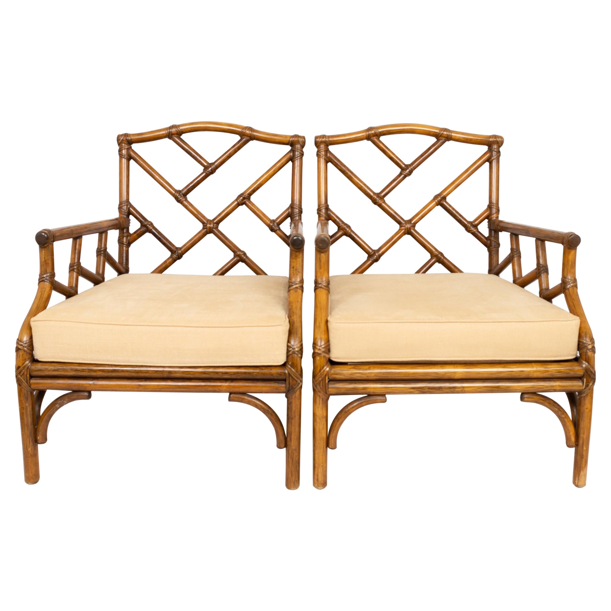 Pair of English Faux Bamboo Cane Chinese Chippendale Lounge Armchairs C.1960