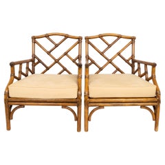 Vintage Pair of English Faux Bamboo Cane Chinese Chippendale Lounge Armchairs C.1960