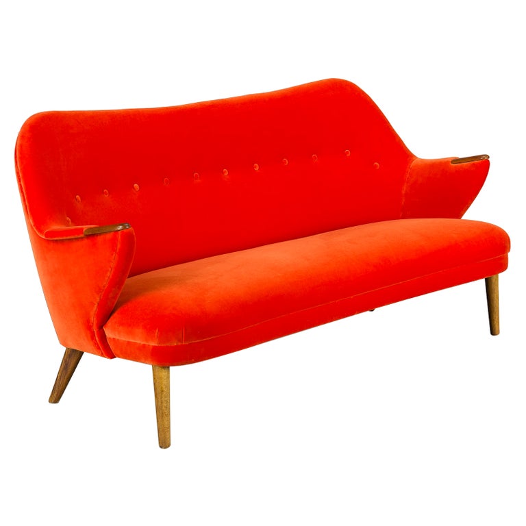 Reupholstered Midcentury Velvet Orange 3-Seat Sofa from CFC Silkeborg, 1960s For Sale