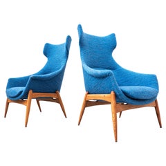 Pair of Blue Fabric Armchairs by Julia Gaubek, New Upholstery, Hungary, 1950s