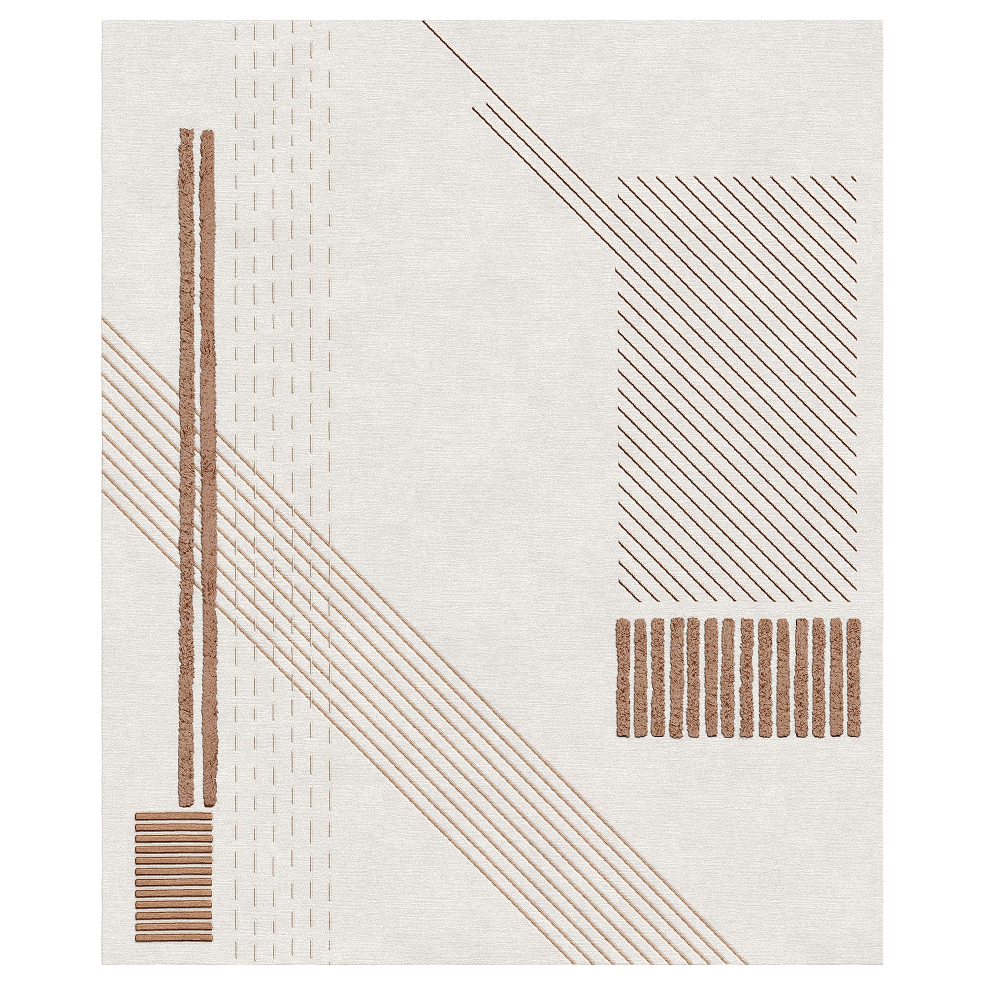 Tapis Rouge Sicily Rug, Coastal White brown geometric stripes pattern wool For Sale