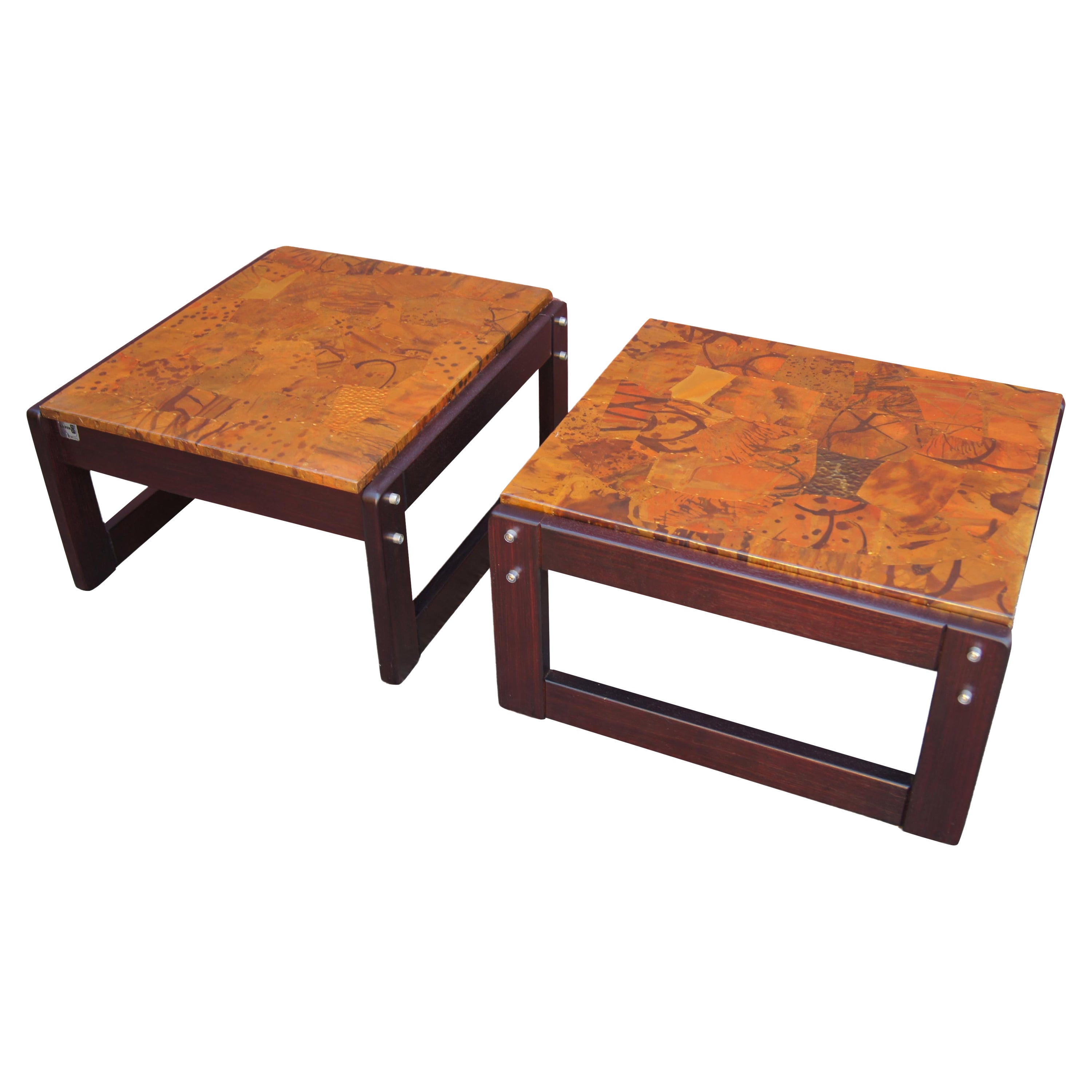 Paire de tables d'appoint en bois de rose et cuivre patchwork de Percival Lafer en vente