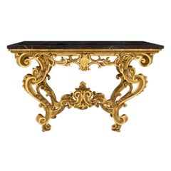 Console italienne d'époque Louis XIV du 18ème siècle en bois doré et marbre