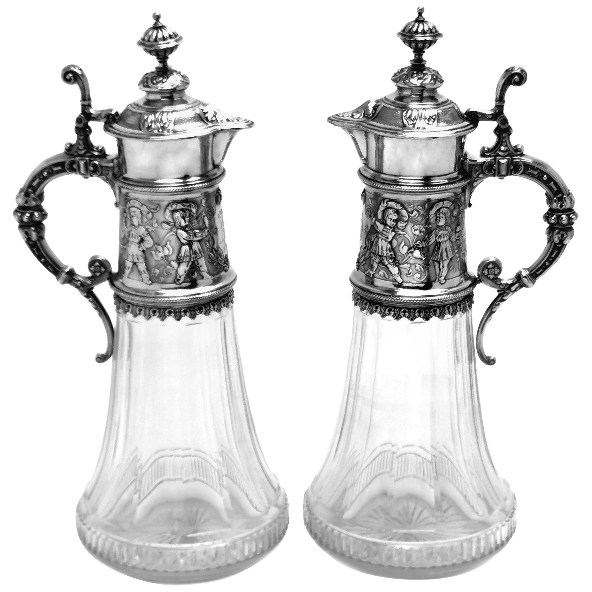 Pair Antique German Silver & Glass Claret Jugs / Wine Decanters / Ewers c. 1890