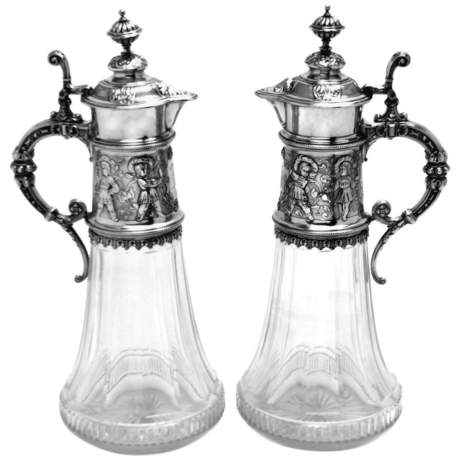 Pair Antique German Silver & Glass Claret Jugs / Wine Decanters / Ewers c. 1890