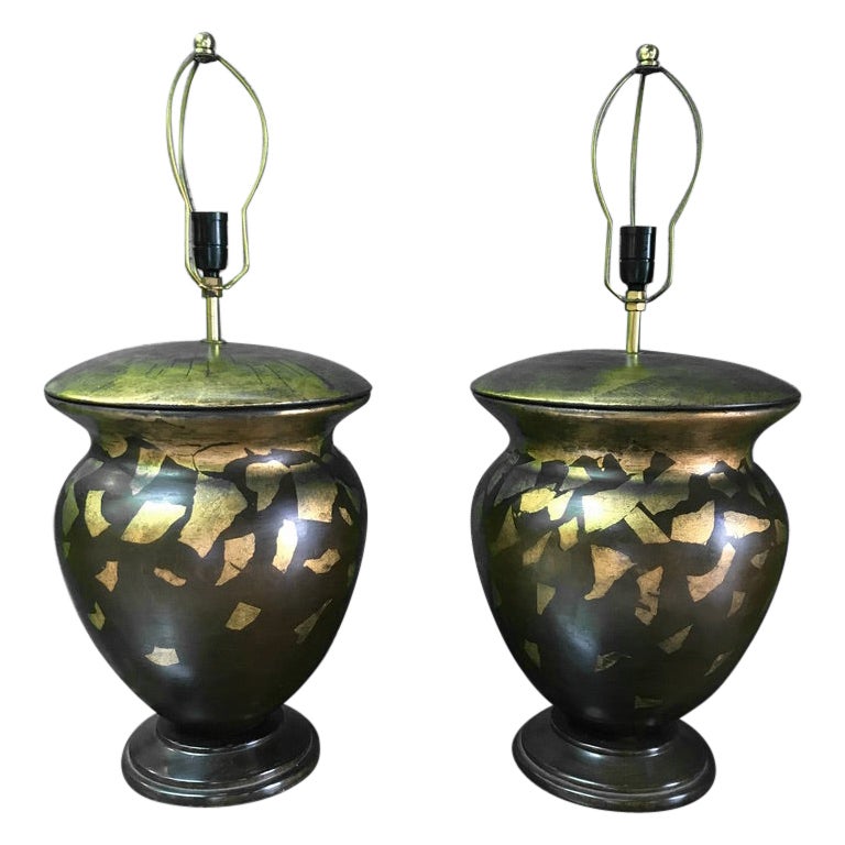 Pair of Hand-Painted Wooden Table Lamps For Sale