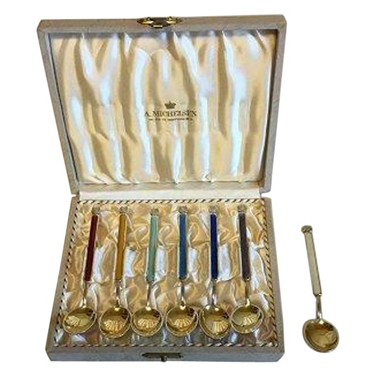 A. Michelsen Set of 6 Gold Plated Sterling Silver Tea Spoons with Enamel in Box For Sale
