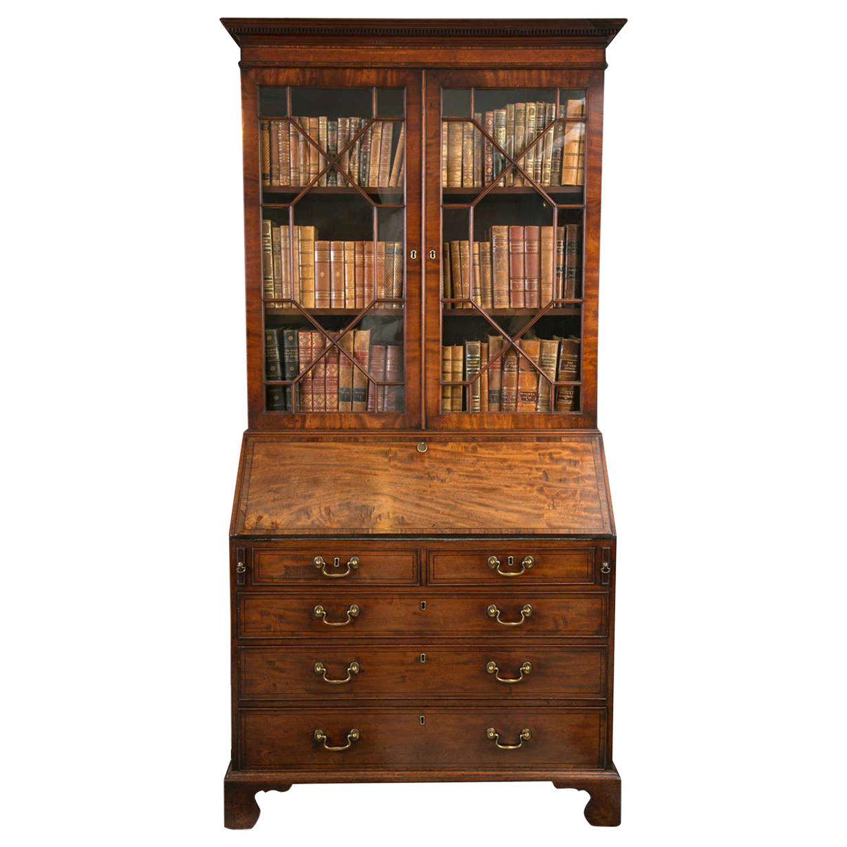 Mahogany Slant Front Bureau Glazed Bookcase or Secretary