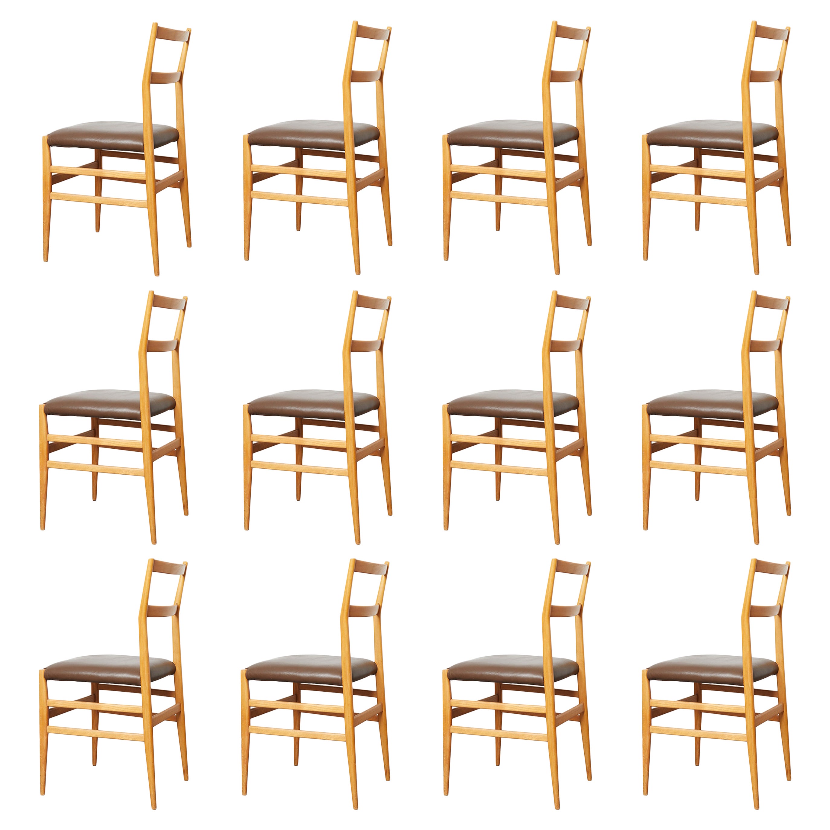 Set of 12 Leggera Dining Chairs in Ash Wood and Leather by Gio Ponti for Cassina