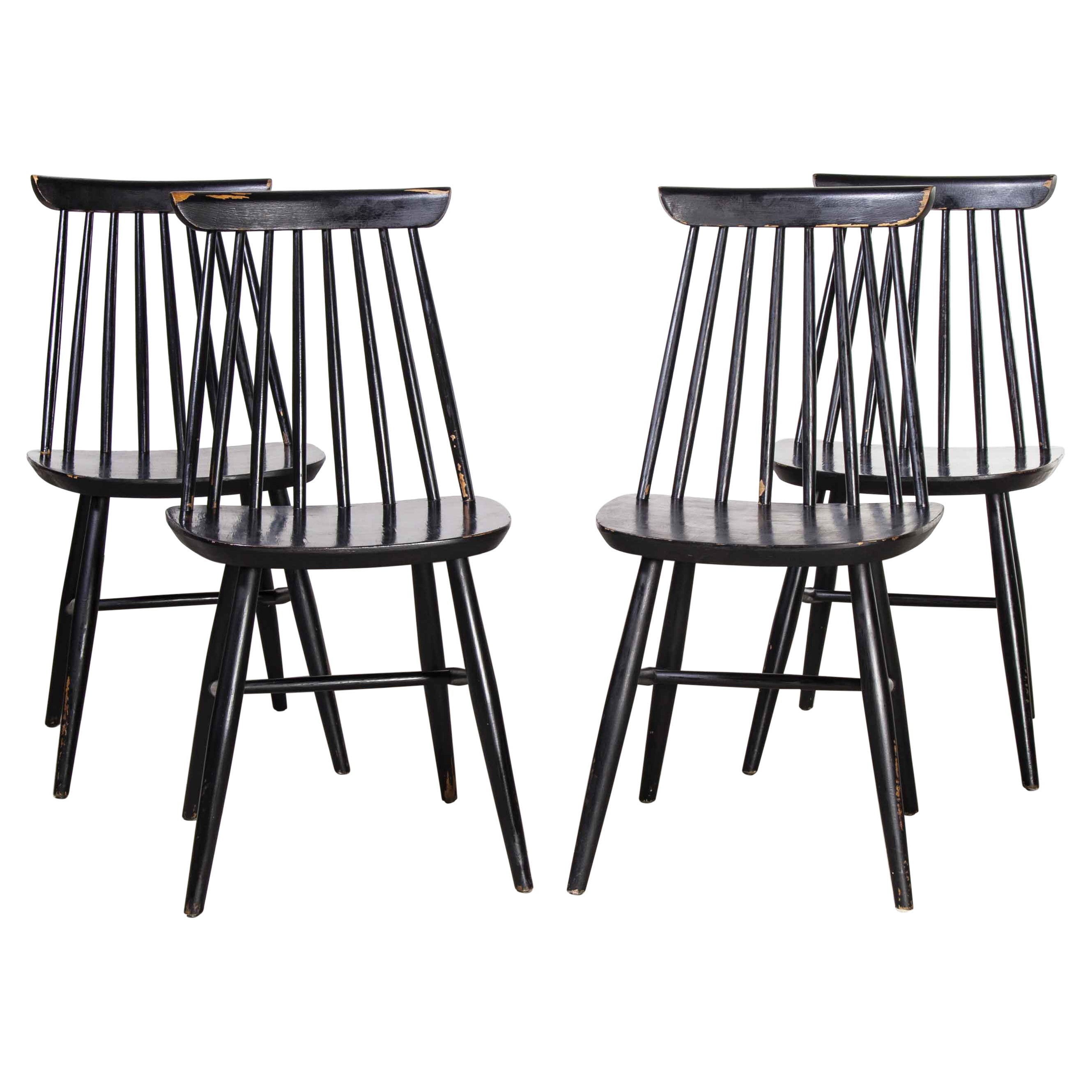 1950's French Ebonised Stick Back Dining Chairs, Set of Four