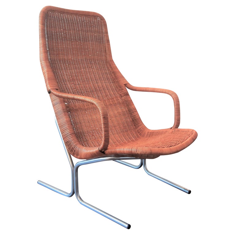 1961 Dirk Van Sliedregt, Rare 514 Original Wicker Lounge Chair with Chrome  Base For Sale at 1stDibs