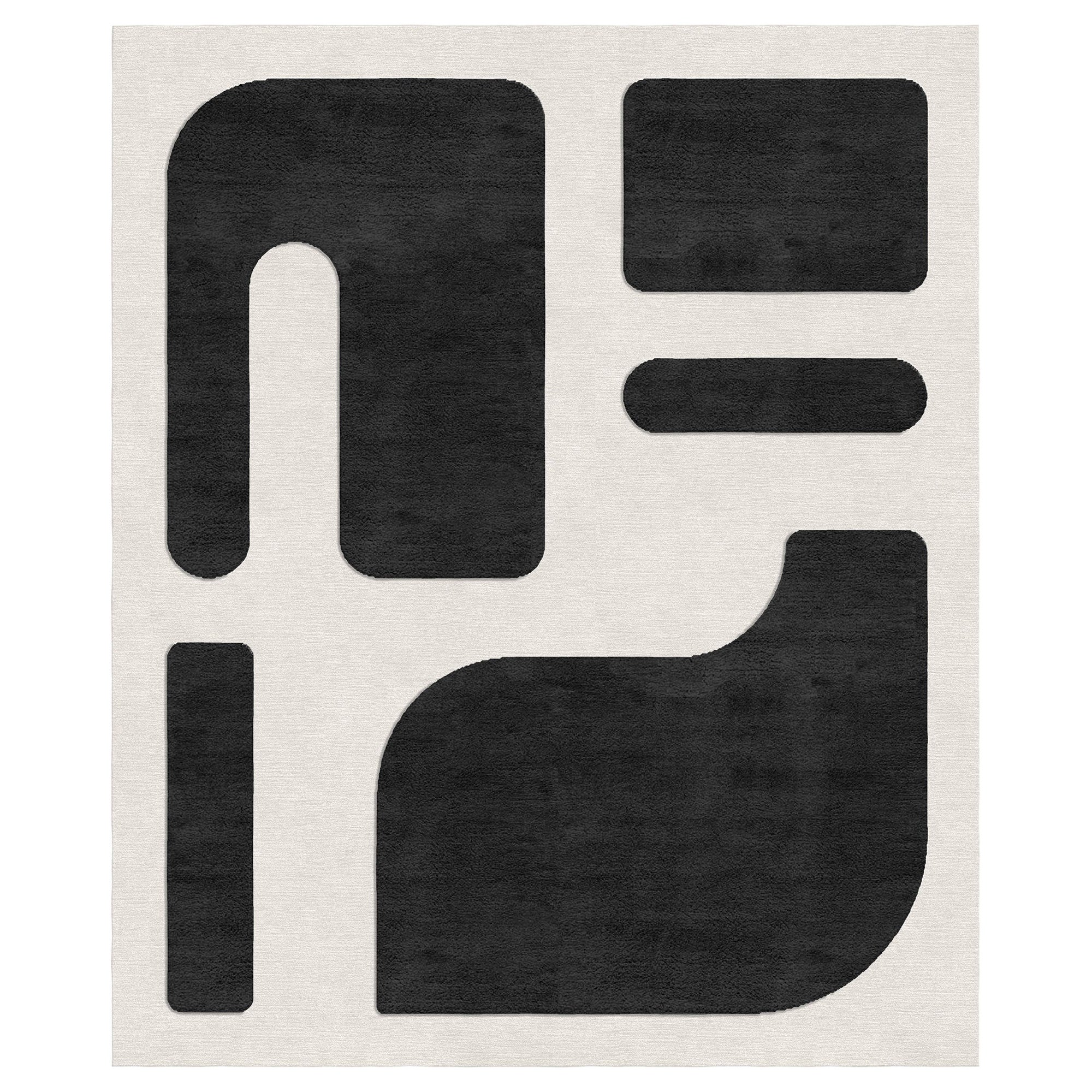 Black Hand Knotted Viscose Linear Geometric Rug For Sale at 1stDibs