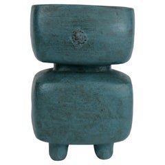 Mottled Turquoise Ceramic Sculpture, Squared Cup on Rounded Cube, Hand Built