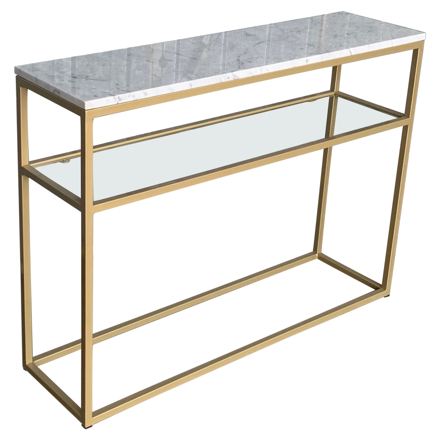 New Rectangular Gilded Iron Console Table with Marble Top & Glass Shelve