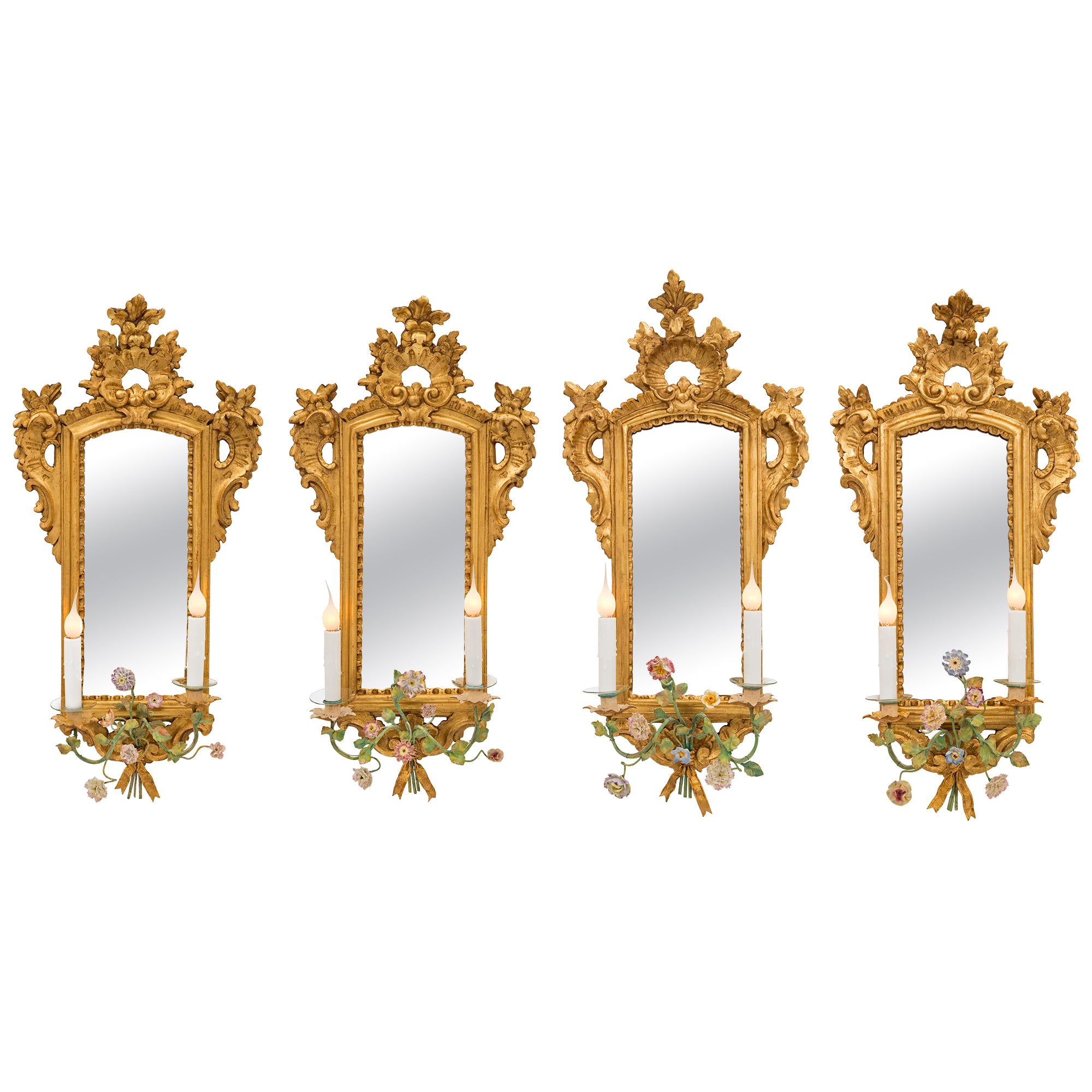 Set of Four Italian 19th Century Louis XV St. Giltwood and Mirrored Sconces For Sale