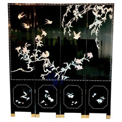 Mother of Pearl Inlays, Black Paravant 19th Century Wood Chinoiserie