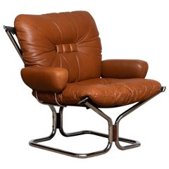 1970's Cognac Leather and Chrome Lounge Chair by Harald Relling for Westnofa